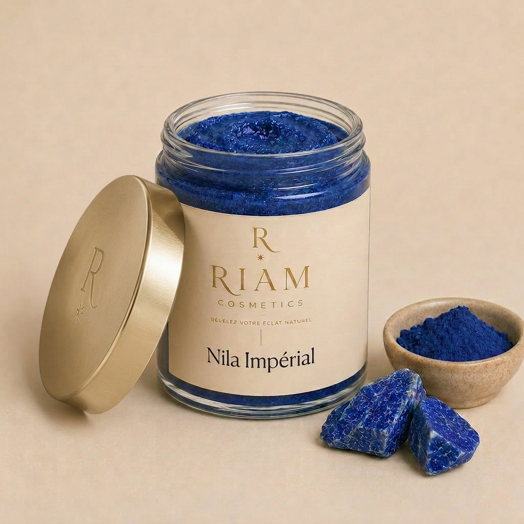 Pot de Nila Impérial Riam Cosmetics avec poudre de nila bleue.