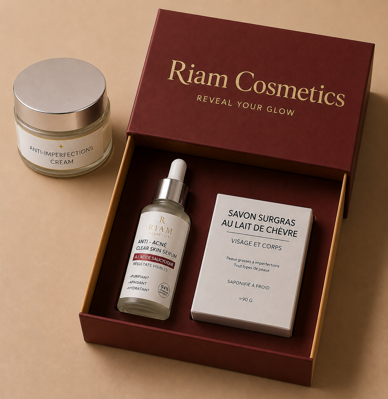 Coffret Riam Cosmetics Anti-Imperfections contenant Goat Milk Glow, Clear Skin Serum, Clear Balance Cream.