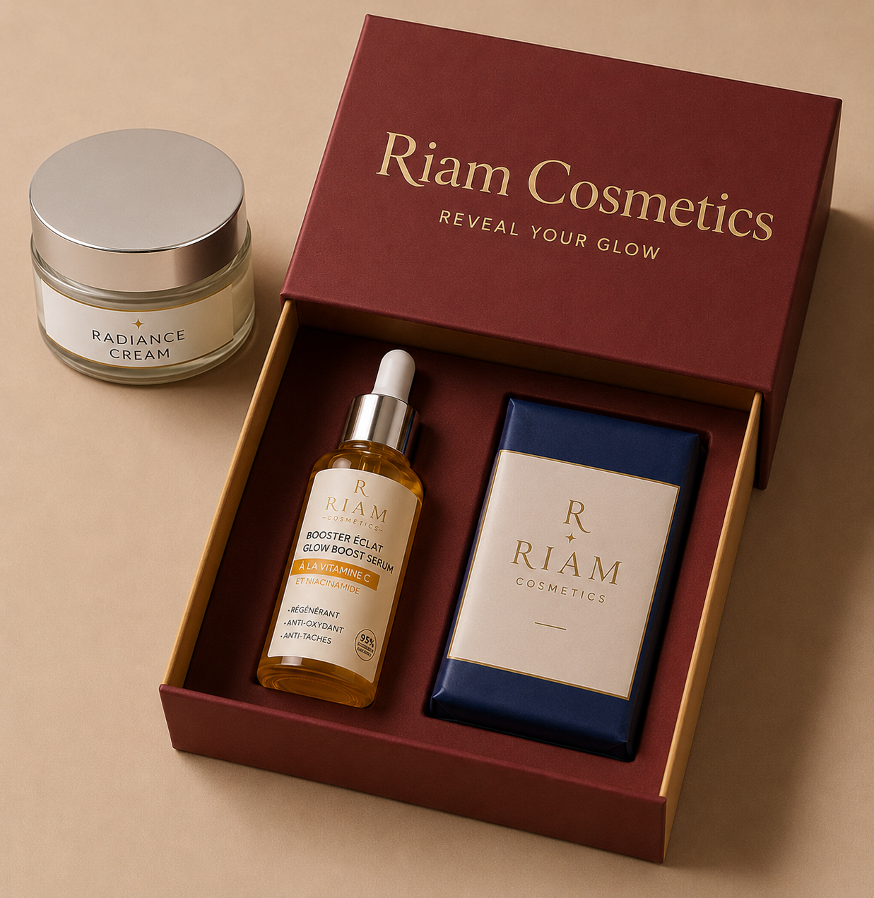 Coffret Riam Cosmetics Visage Glow contenant Radiance Cream, Duo Serum et savon signature.